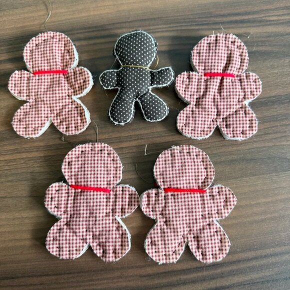 Set Of 5 Vintage Handmade Gingham Gingerbread Man Fabric Ornaments With Bows & S - Picture 3 of 9